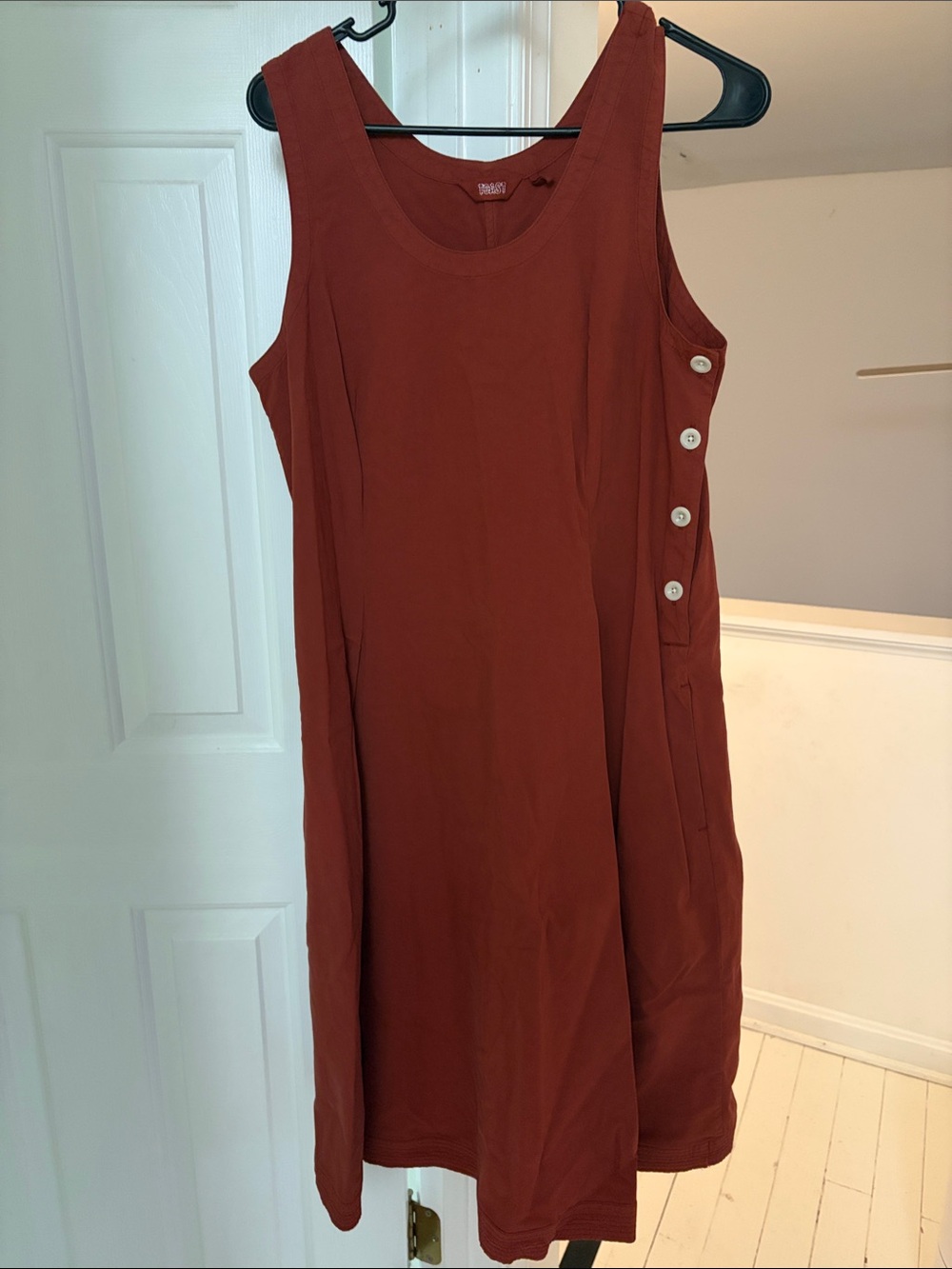Sleeveless Rust A-Line Dress with Side Button Detail